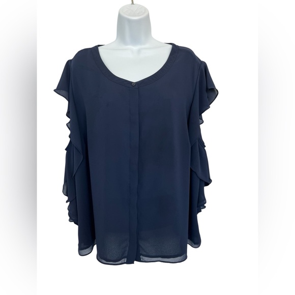 💙 EUC Roz & Ali Navy Blue Chiffon Cocktail Blouse | Women’s 3X - Picture 1 of 9